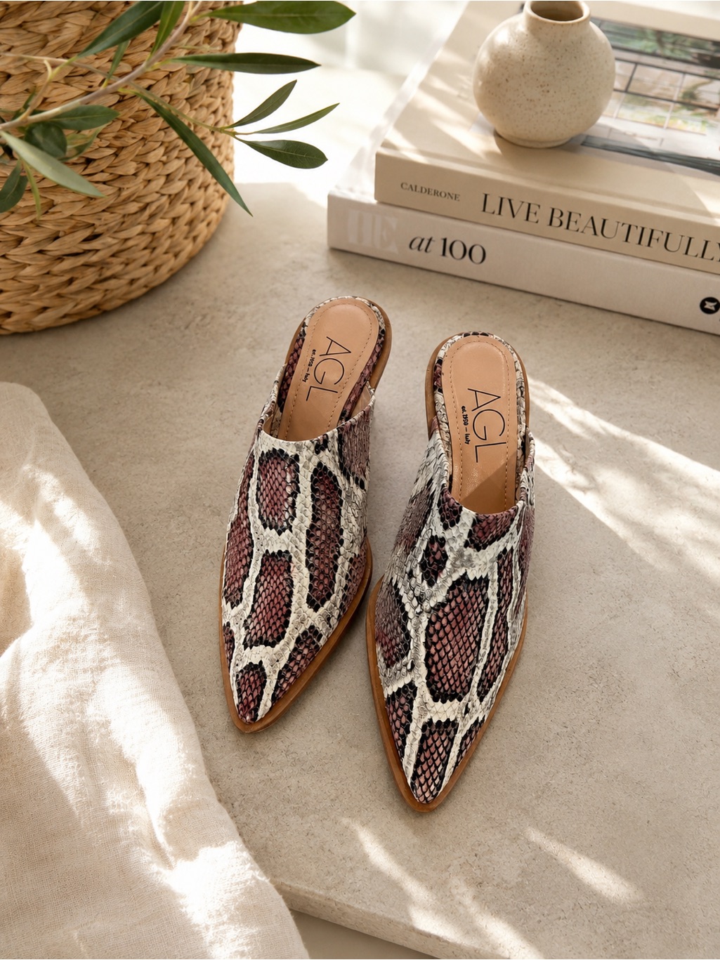 Agl Women's Snake-Print Pointed Mule In Brown And Cream